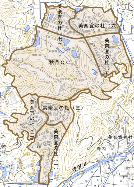 美奈宜の杜とその周辺の地図。町の範囲を重ねている