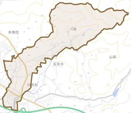 宮野とその周辺の地図。町の範囲を重ねている