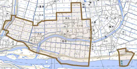 長田とその周辺の地図。町の範囲を重ねている