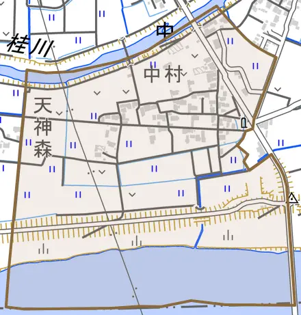 中とその周辺の地図。町の範囲を重ねている