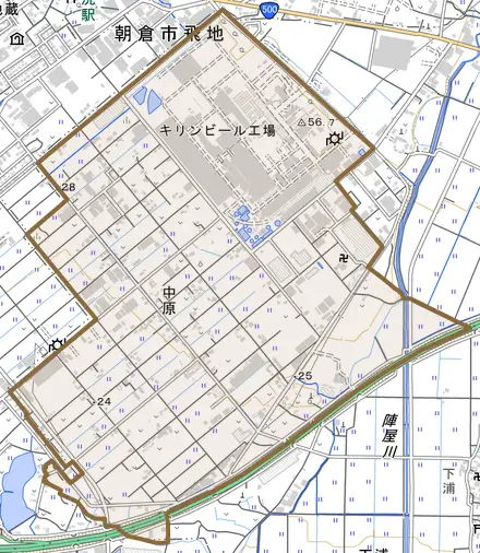 中原とその周辺の地図。町の範囲を重ねている