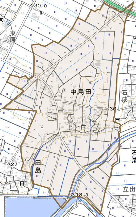 中島田とその周辺の地図。町の範囲を重ねている