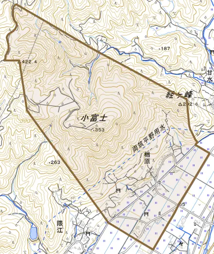 楢原とその周辺の地図。町の範囲を重ねている