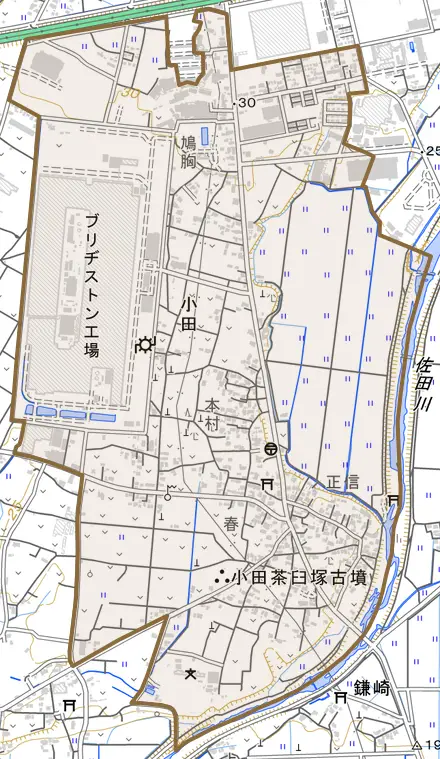 小田とその周辺の地図。町の範囲を重ねている