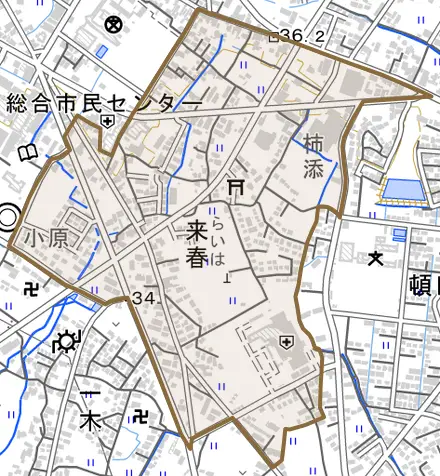 来春とその周辺の地図。町の範囲を重ねている