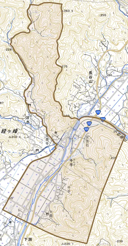 千手とその周辺の地図。町の範囲を重ねている