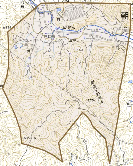 山見とその周辺の地図。町の範囲を重ねている