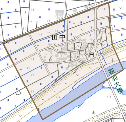 田中とその周辺の地図。町の範囲を重ねている