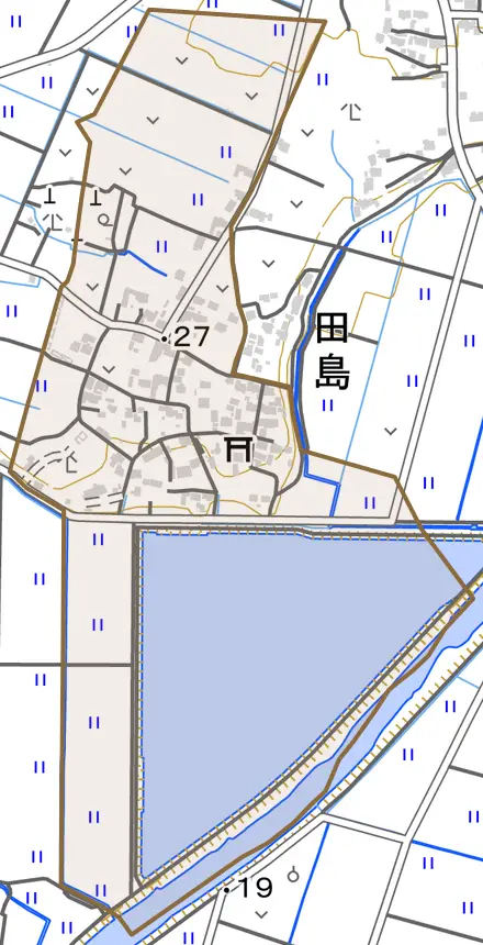 田島とその周辺の地図。町の範囲を重ねている