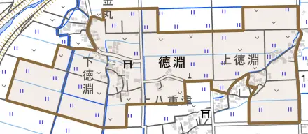 徳渕とその周辺の地図。町の範囲を重ねている