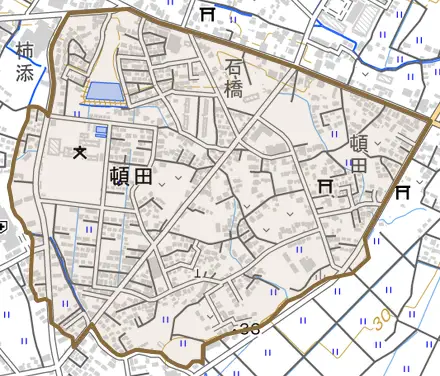 頓田とその周辺の地図。町の範囲を重ねている