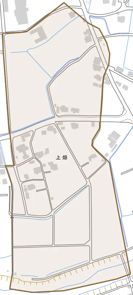上畑とその周辺の地図。町の範囲を重ねている