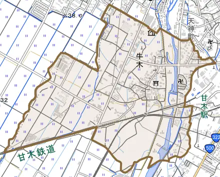 牛木とその周辺の地図。町の範囲を重ねている