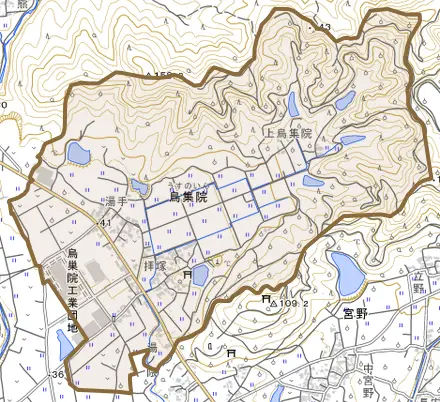 烏集院とその周辺の地図。町の範囲を重ねている