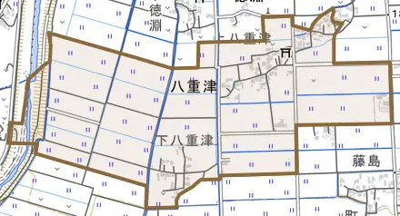 八重津とその周辺の地図。町の範囲を重ねている
