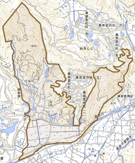 屋形原とその周辺の地図。町の範囲を重ねている