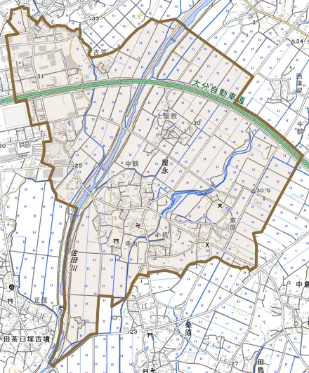 屋永とその周辺の地図。町の範囲を重ねている