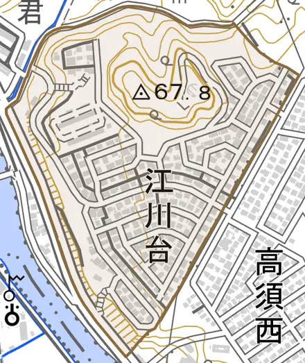 江川台とその周辺の地図。町の範囲を重ねている