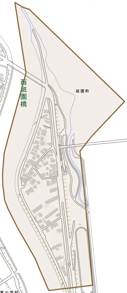 祇園町とその周辺の地図。町の範囲を重ねている
