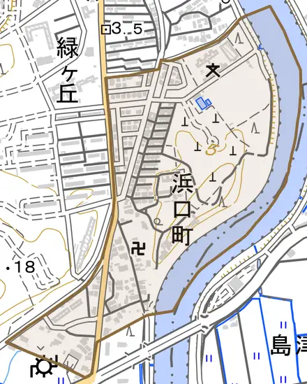 浜口町とその周辺の地図。町の範囲を重ねている