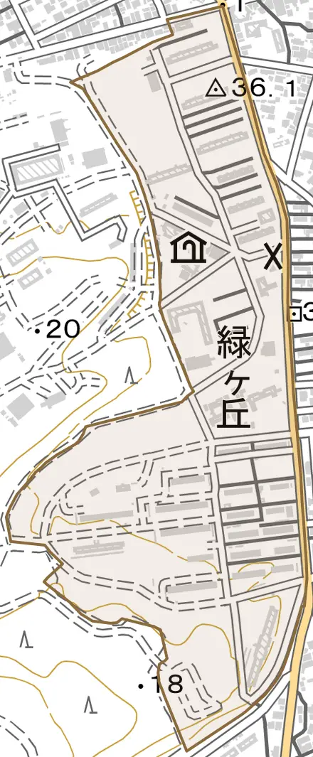 緑ヶ丘とその周辺の地図。町の範囲を重ねている