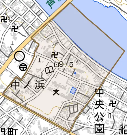 中ノ浜とその周辺の地図。町の範囲を重ねている