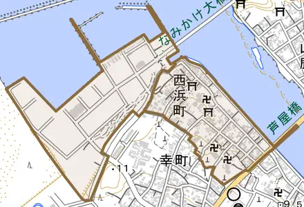 西浜町とその周辺の地図。町の範囲を重ねている