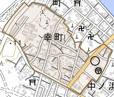 幸町とその周辺の地図。町の範囲を重ねている
