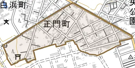 正門町とその周辺の地図。町の範囲を重ねている
