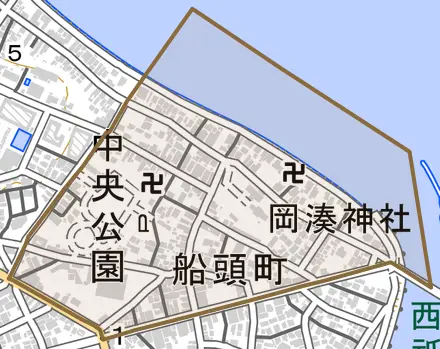 船頭町とその周辺の地図。町の範囲を重ねている