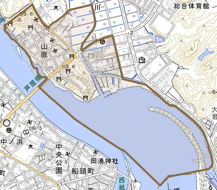 山鹿とその周辺の地図。町の範囲を重ねている