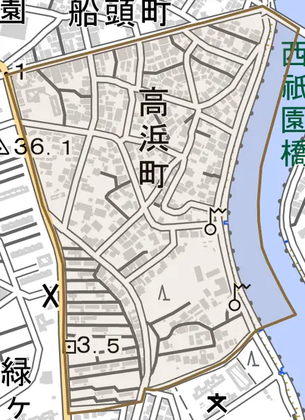 高浜町とその周辺の地図。町の範囲を重ねている