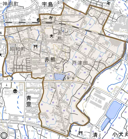 大字赤熊とその周辺の地図。町の範囲を重ねている