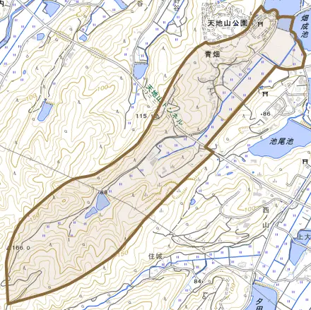 大字青畑とその周辺の地図。町の範囲を重ねている