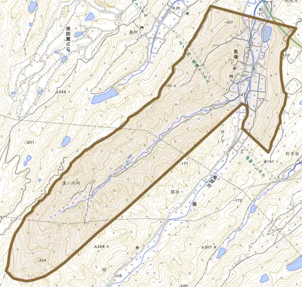 大字馬場とその周辺の地図。町の範囲を重ねている