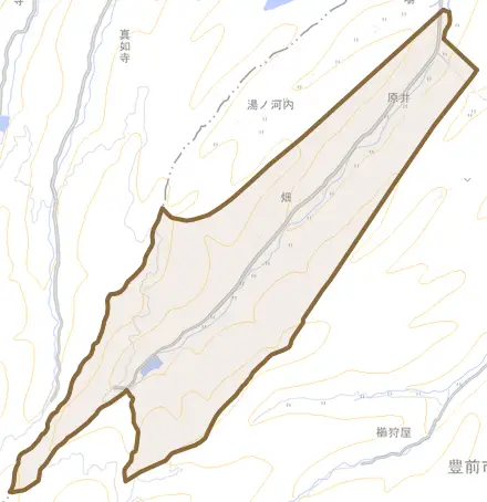大字畑とその周辺の地図。町の範囲を重ねている