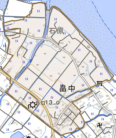 大字畠中とその周辺の地図。町の範囲を重ねている