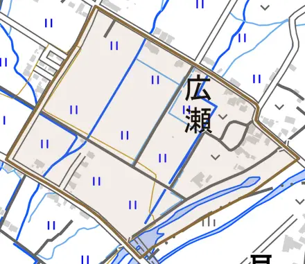 大字広瀬とその周辺の地図。町の範囲を重ねている