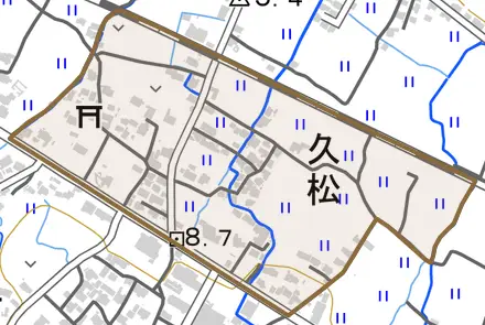 大字久松とその周辺の地図。町の範囲を重ねている