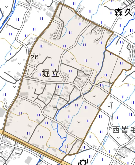 大字堀立とその周辺の地図。町の範囲を重ねている