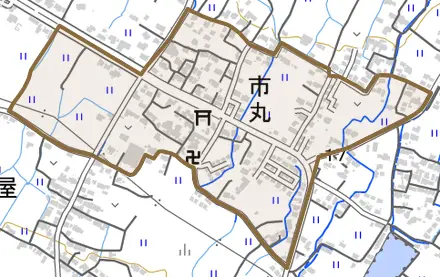 大字市丸とその周辺の地図。町の範囲を重ねている