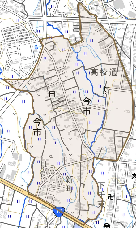 大字今市とその周辺の地図。町の範囲を重ねている