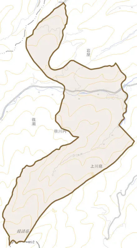 大字岩屋とその周辺の地図。町の範囲を重ねている