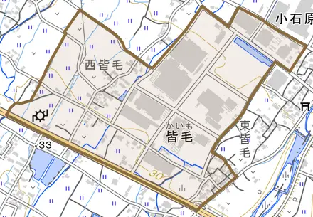 大字皆毛とその周辺の地図。町の範囲を重ねている