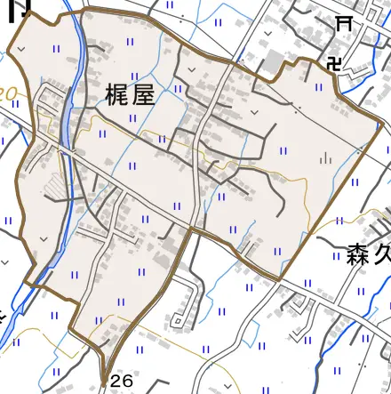 大字梶屋とその周辺の地図。町の範囲を重ねている