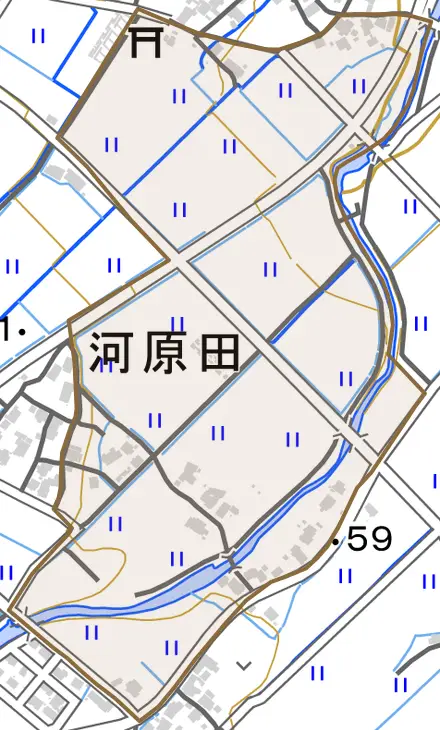 大字河原田とその周辺の地図。町の範囲を重ねている