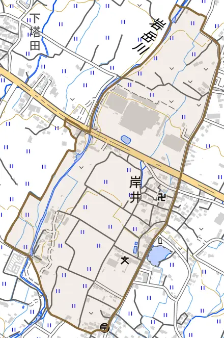 大字岸井とその周辺の地図。町の範囲を重ねている