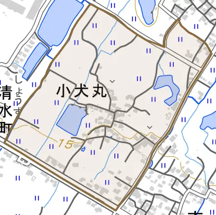 大字小犬丸とその周辺の地図。町の範囲を重ねている