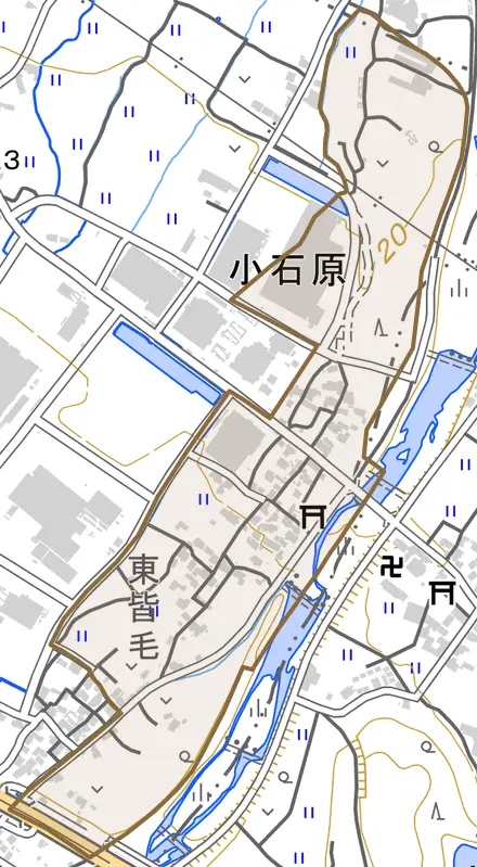 大字小石原とその周辺の地図。町の範囲を重ねている