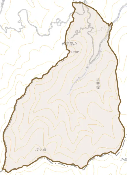 大字求菩提とその周辺の地図。町の範囲を重ねている